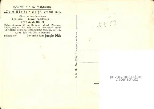 Kroev Mosel Reichsschaenke Zum Ritter Jungle Dick / Kroev /Bernkastel-Wittlich LKR