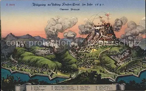 Hohentwiel Belagerung der Festung Hochen Twiel im Jahr 1641 Kuenstlerkarte Obsidio Duellii Kat. Singen (Hohentwiel)