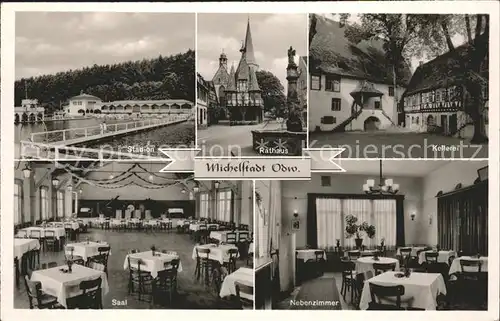 Michelstadt Stadion Schwimmbad Rathaus Brunnen Kellerei Gaststaette Schmerkers Garten Kat. Michelstadt