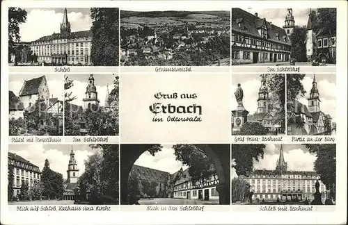 Erbach Odenwald Gesamtansicht Schloss Staedel Tempelhaus Rathaus Kirche Graf Franz Denkmal Burg Kat. Erbach