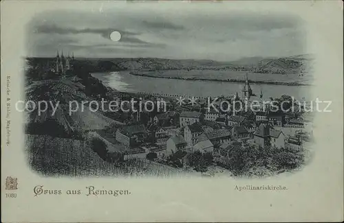 Remagen Panorama mit Apollinariskirche Rhein im Mondschein Kat. Remagen
