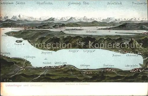 ueberlingen Bodensee Bodenseepanorama mit seinen vielen Orten u.Staedten. (Gez.von Eugen Felle) Kat. ueberlingen