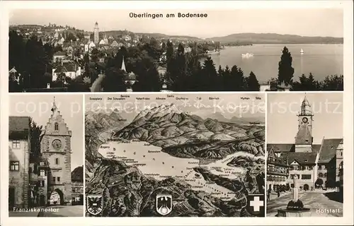 ueberlingen Bodensee See Panorama mit Alpen Landkarte Wappen Franziskanertor Hofstatt Kat. ueberlingen
