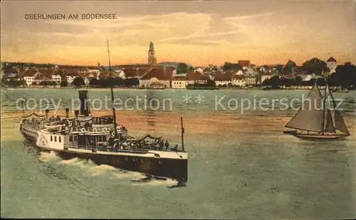 ueberlingen Bodensee Panorama vom See aus Schif Segelboot Kuenstlerkarte Kat. ueberlingen