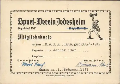 Jedesheim Mitgliedskarte Sportverein Kat. Illertissen