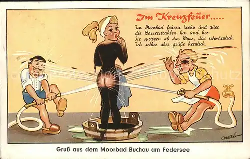 Bad Buchau Federsee Kuenstlerkarte Komik Im Kreuzfeuer Jungen bespritzen Maedchen im Moorbad Kat. Bad Buchau