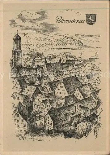 Biberach Riss Panorama Kuenstlerkarte Ludwig Schaefe Grohe Wappen Kat. Biberach an der Riss