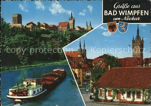 Bad Wimpfen Ortsansicht mit Neckar Lastkahn Burg Kat. Bad Wimpfen