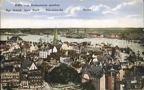 Kiel vom Rathausturm mit Schloss Kaiser Werft Nikolaikirche und Hafen Kat. Kiel