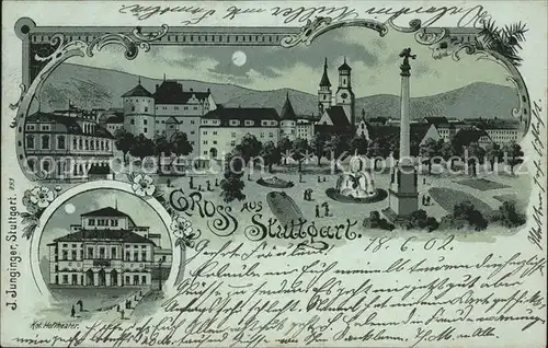 Stuttgart Schlossplatz Saeule Brunnen Koenigliches Hoftheater im Mondschein Kat. Stuttgart