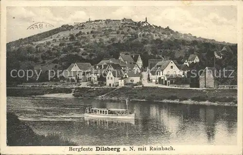 Dilsberg Bergfeste mit Rainbach Uferpartie am Neckar Boot Gasthof Kat. Neckargemuend