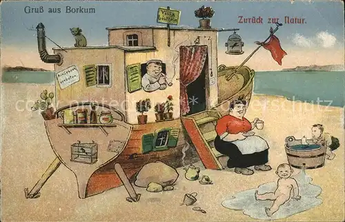 Borkum Nordseebad Hausboot am Strand Karikatur / Borkum /Leer LKR