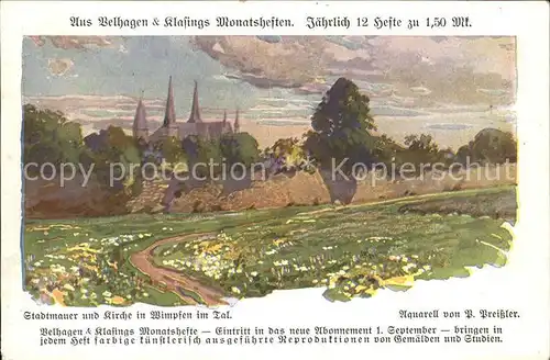 Wimpfen Stadtmauer und Kirche Kuenstlerkarte Preissler Kat. Bad Wimpfen