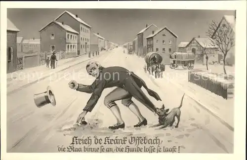 Offenbach Main Kuenstlerkarte Komik Hund beisst ind den Frack eines Mannes Schnee Kat. Offenbach am Main