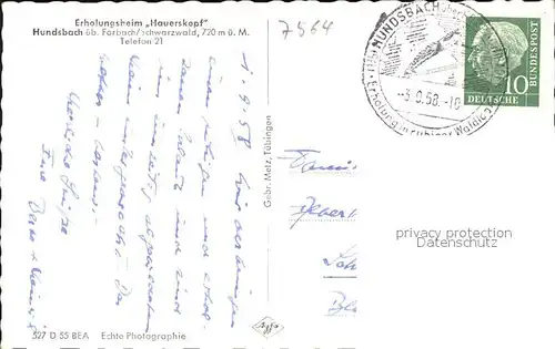 Hundsbach Forbach Erholungsheim "Hauerskopf" (Stempel) Kat. Forbach