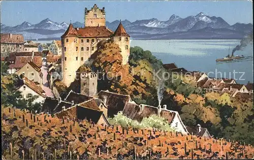 Meersburg Bodensee Schloss Alpenpanorama Dampfer Kuenstlerkarte Kat. Meersburg