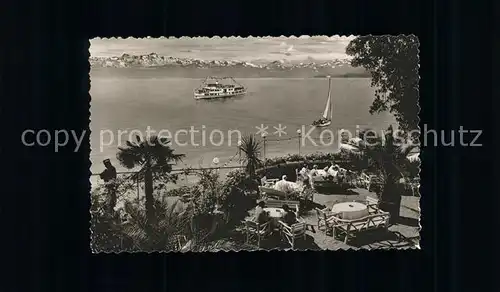 Meersburg Bodensee Hotel Wilder Mann Terrasse mit Alpenblick Faehrschiff Segelboot Kat. Meersburg