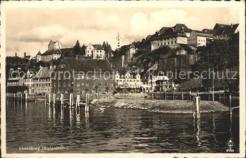 Meersburg Bodensee Ansicht vom See aus Hafen Schloss Kirchturm Kat. Meersburg