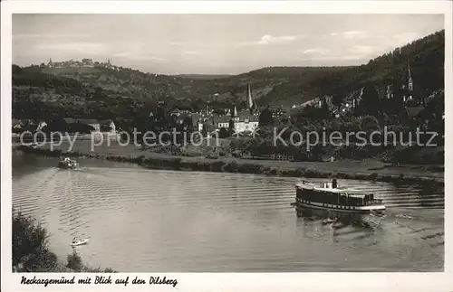 Neckargemuend mit Blick auf den Dilsberg Partie am Neckar Boot Kat. Neckargemuend