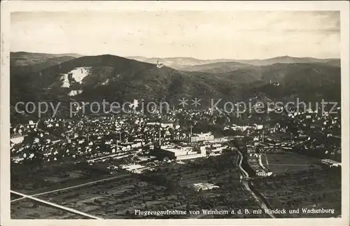 Weinheim Bergstrasse Panorama mit Burg Windeck und Wachenburg Industrie Fliegeraufnahme Kat. Weinheim