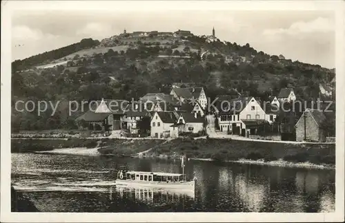 Dilsberg Bergfeste mit Rainbach Uferpartie am Neckar Boot Kat. Neckargemuend