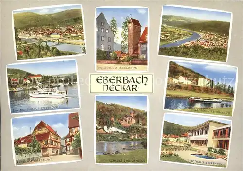 Eberbach Baden Panorama Jugendherberge Boot Kahn Pfarrhaus Schloss Zwingenberg Stadthalle Sanatorium Pulverturm Kat. Eberbach