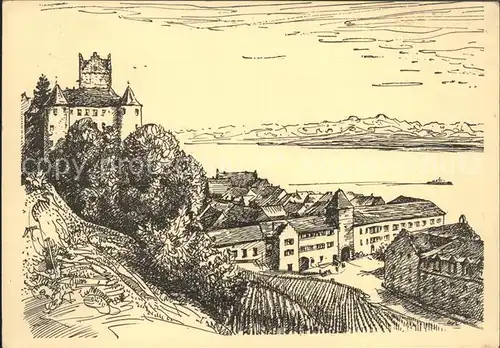Meersburg Bodensee Schloss mit Unterstadt und Seeblick Federzeichnung H.G. Lehmann Kat. Meersburg