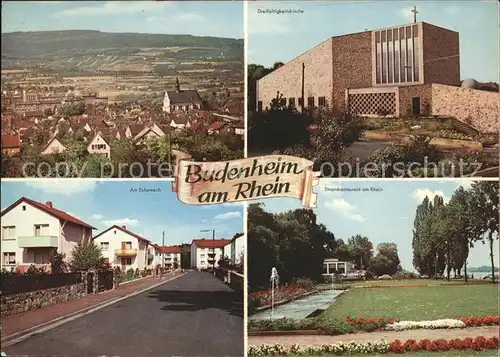 Budenheim Panorama Dreifaltigkeitskirche Am Eulenrech Strandrestaurant am Rhein Kat. Budenheim