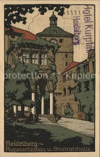 Heidelberg Neckar Rupprechtsbau und Brunnenhalle Steinzeichnung Kat. Heidelberg