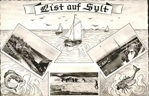 List Sylt Hafen Brandung Zeichnung Schiffe Kat. List