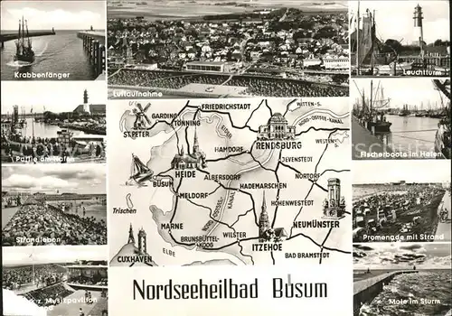 Buesum Nordseebad Krabbenfaenger Fliegeraufnahme Leuchtturm Hafen Strand Mole Landkarte Kat. Buesum