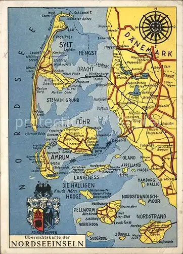 Sylt Landkarte Nordseeinseln mit Foehr und Halligen Wappen Kat. Sylt Ost