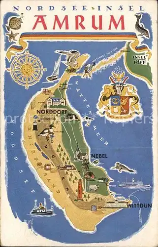 Amrum Nordsee Insel Zeichnung Wappen Landkarte Kat. Nebel
