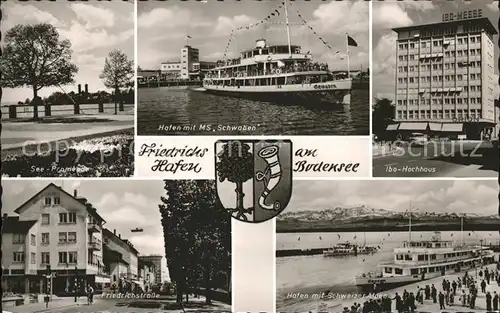 Friedrichshafen Bodensee Seepromenade Hafen Faehrschiff MS Schwaben Ibo Hochhaus Alpen Friedrichstrasse Wappen Kat. Friedrichshafen