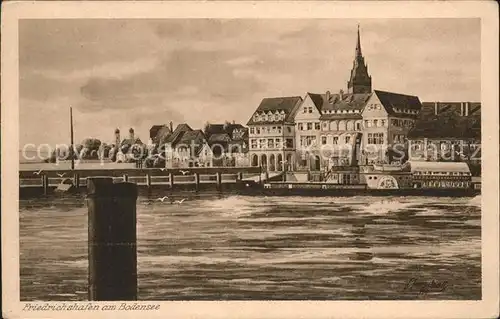 Friedrichshafen Bodensee Hafenpartie Dampfer Kirchturm Kuenstlerkarte V. Marschall Kat. Friedrichshafen