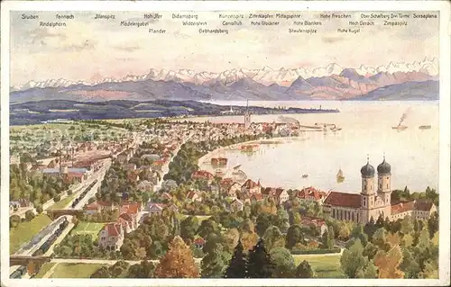 Friedrichshafen Bodensee Stadtbild mit Schlosskirche Alpenpanorama Aquarell Kuenstlerkarte Kat. Friedrichshafen