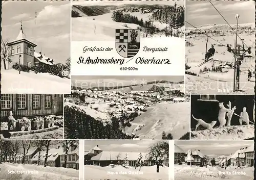 St Andreasberg Harz Glockenturm Strassenpartie Haus des Gastes Skilift Wappen Bergstadt Kat. Sankt Andreasberg