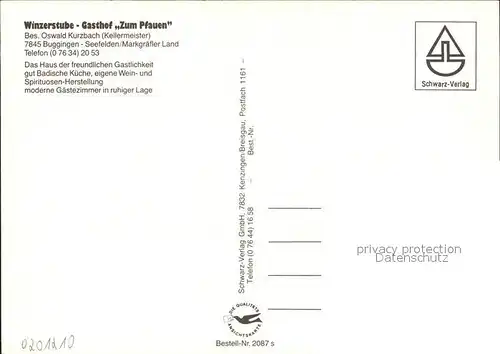 Seefelden Buggingen Winzerstube Gasthof Zum Pfauen Oswald Kurzbach Kat. Buggingen