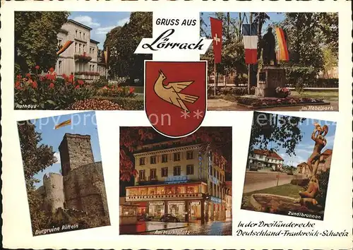 Loerrach Helbelpark Marktplatz Zundlbrunnen Ruine Roetteln Wappen Kat. Loerrach