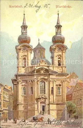 Karlsbad Eger Pfarrkirche Pferdekutsche Kuenstlerkart / Karlovy Vary /