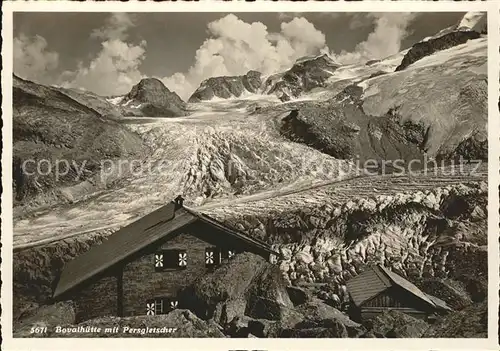 Bovalhuette Schutzhaus mit Persgletscher Berninagruppe Kat. Morteratsch