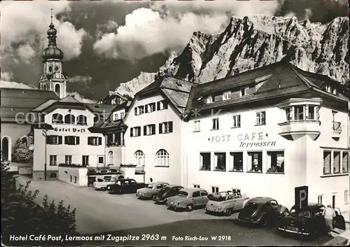 Lermoos Tirol Hotel Cafe Post mit Zugspitze Wettersteingebirge Kat. Lermoos