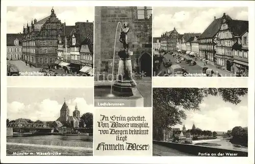 Hameln Hochzeitshaus Muenster Weserbruecke Lachsbrunnen Osterstrasse Uferpartie Kat. Hameln