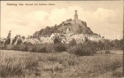 Felsberg Hessen Ortsansicht mit Kirche und Felsburg mit Butterfassturm Schlossruine Kat. Felsberg