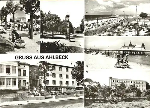 Ahlbeck Ostseebad Konzertpavillon Stranduhr FDGB Erholungsheim Ferienglueck und Max Kreuziger Strand Seebruecke