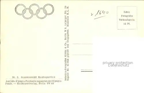Stadion Reichssportfeld Berlin Olympia Postkarte Nr. 9 Kat. Sport