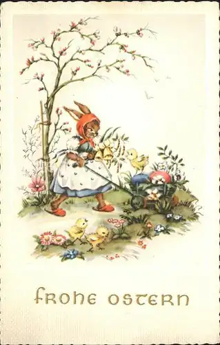 Ostern Easter Paques Hase vermenschlicht Kueken Blumen  / Greetings /
