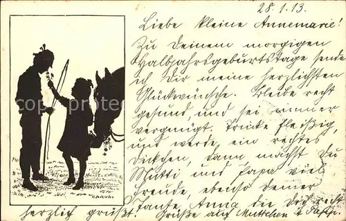 Scherenschnitt Schattenbildkarte Carus Nr. 57 Kind Pferd Blumen  / Besonderheiten /