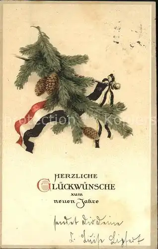 Neujahr Schwarz Weiss Rot Kiefernzapfen  Kat. Greetings