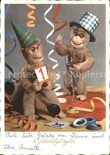 Datumskarte Neujahr Affen Spielzeug Sekt  Kat. Besonderheiten